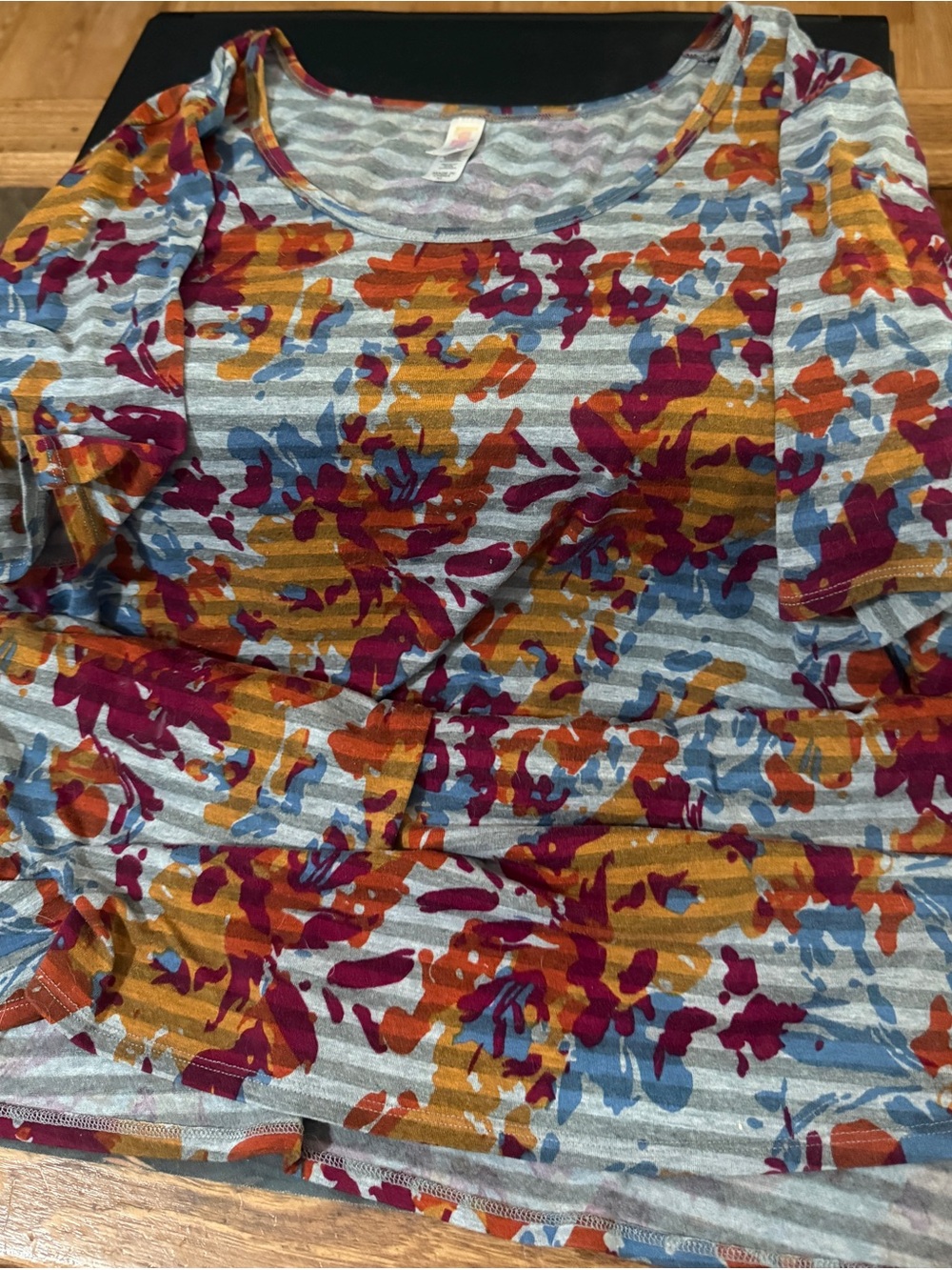 Luluroe Striped Scoop Neck Women’s Top in Gray with Multicolor Floral Print